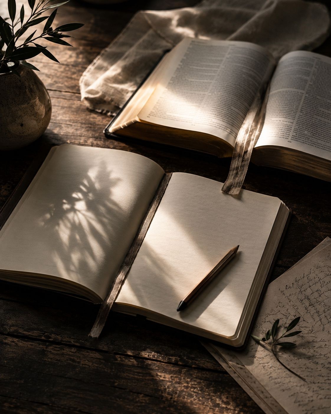 Open Bible and prayer journal in warm light