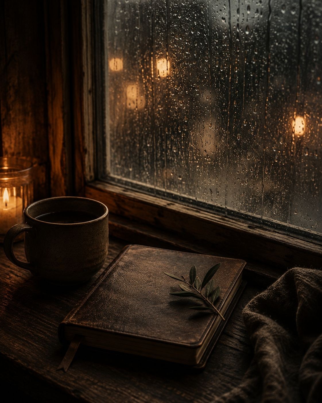 Rain on a window with a journal and warm cup